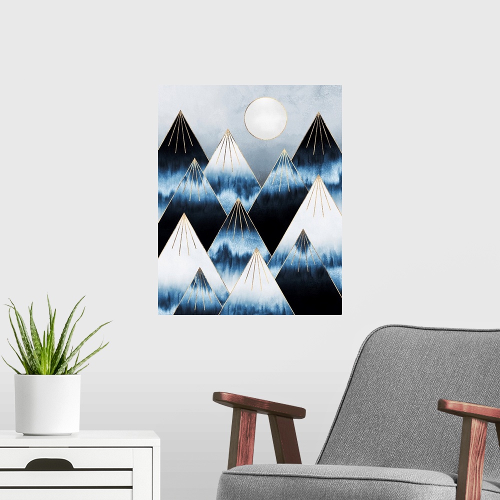 A modern room featuring A simple geometric interpretation of triangular mountains in shades of  ivory and indigo blue  be...