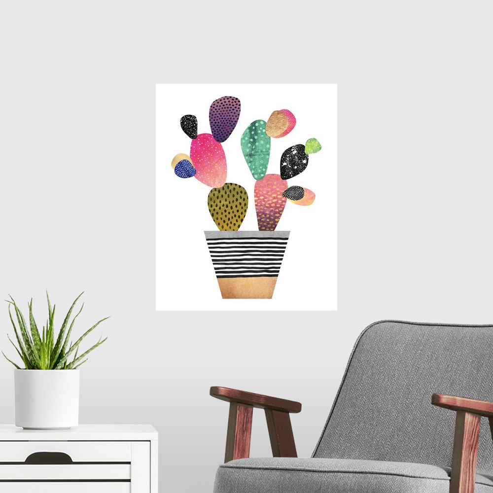 A modern room featuring A contemporary cactus design in bright, spotted colors