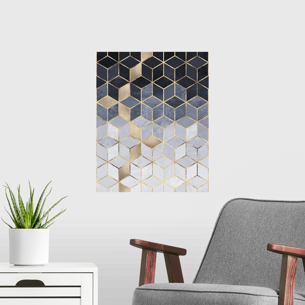 A modern room featuring A contemporary, geometric, art deco design in shades of grey, gold, white and blue. The shapes ar...