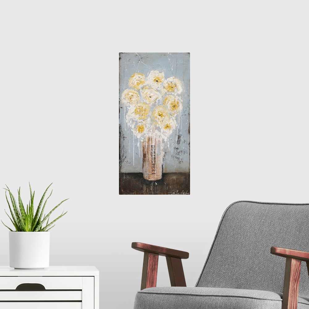 A modern room featuring This heavily textured abstract artwork makes use of layered designs and accents of paint drips to...