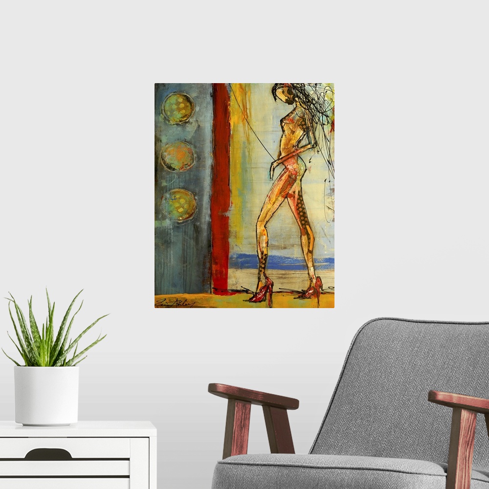 A modern room featuring Contemporary artwork of a tall slender woman in heels with different styles of art used to create...