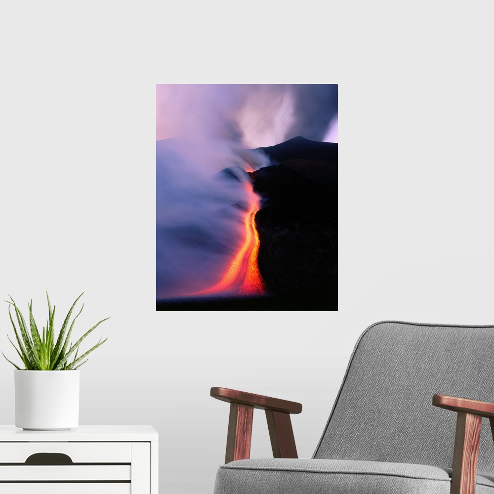 A modern room featuring Italy, Sicily, Mt. Etna in eruption