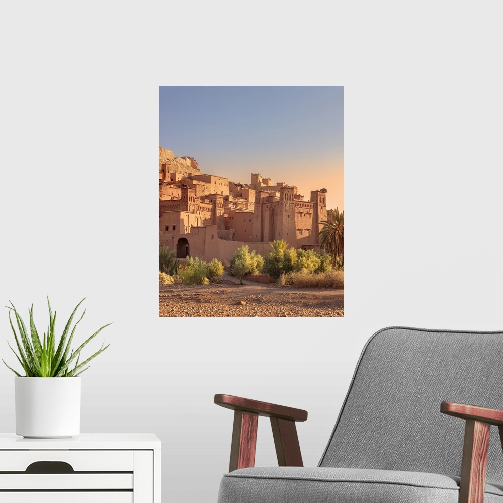 A modern room featuring Morocco, South Morocco, Ouarzazate, Ait Benhaddou, Ait Ben Haddou Kasbah in the early morning light.
