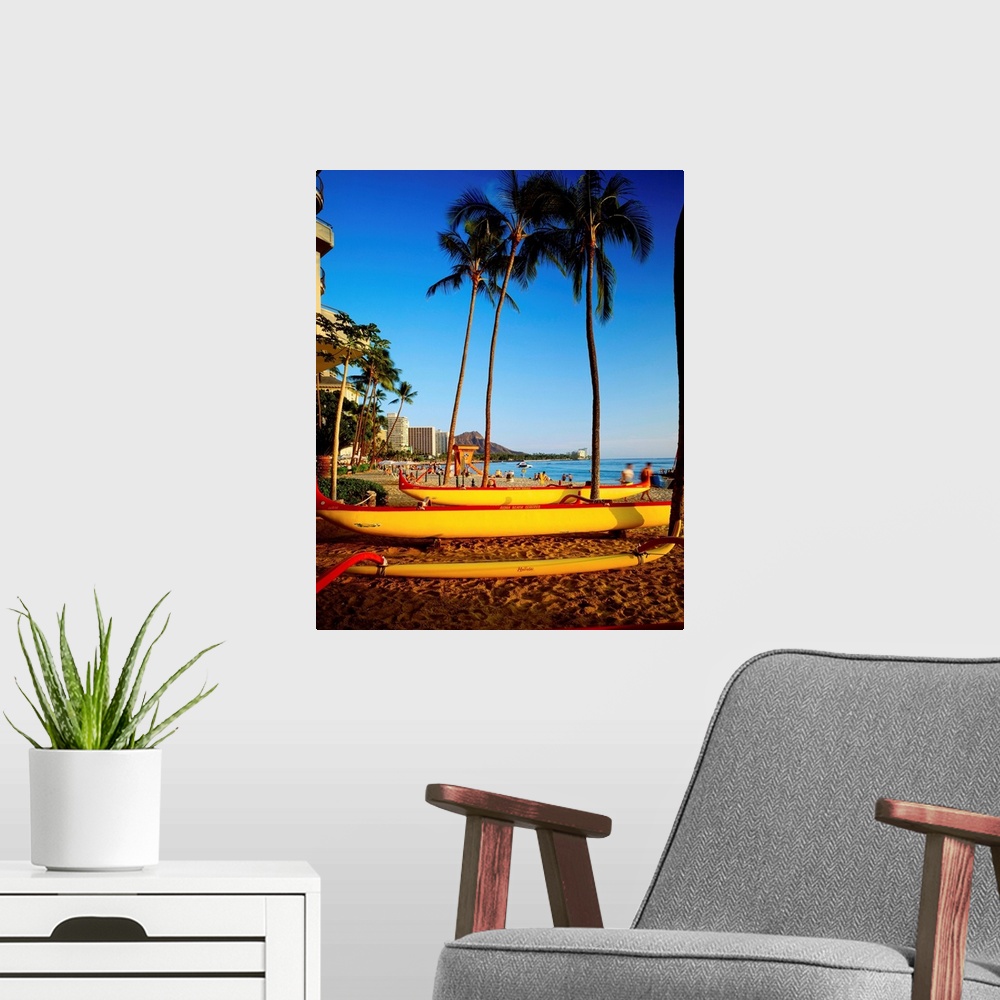 A modern room featuring United States, Hawaii, Waikiki beach, boats on sand, Diamond Head in background