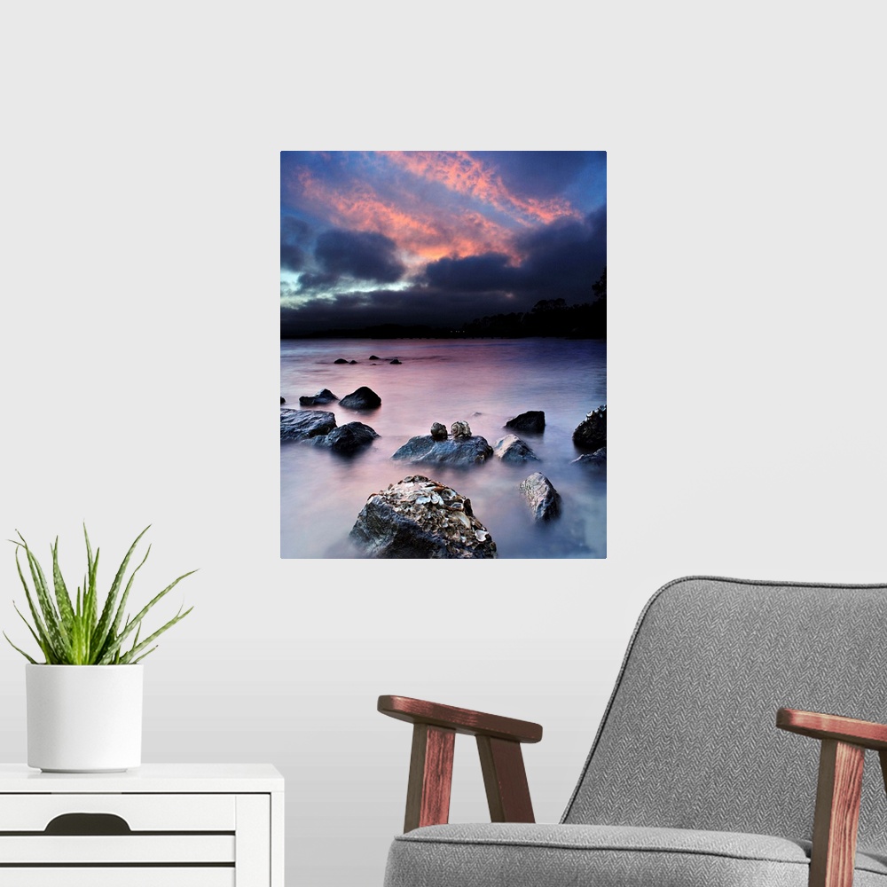 A modern room featuring Two hermit crabs sit atop a rock during twilight. A reflection of the pink sky can be seen in the...
