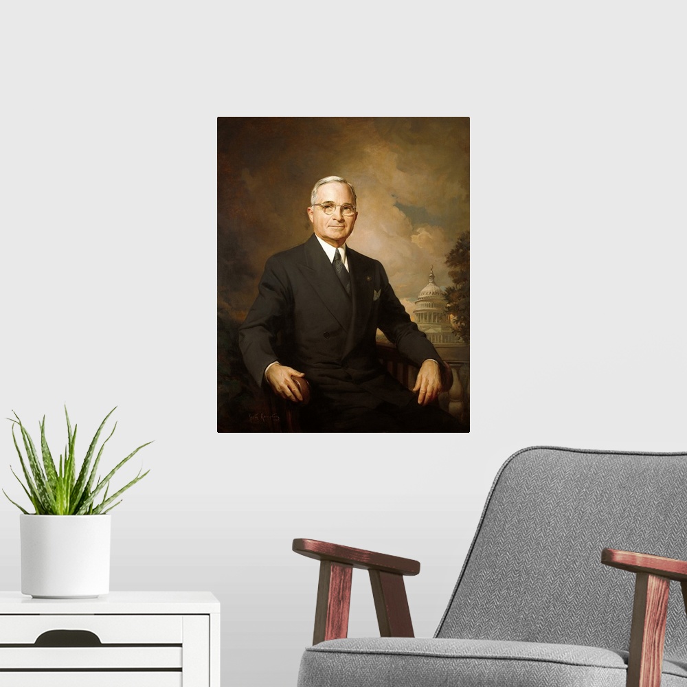 A modern room featuring 1948 Portrait Of Harry Truman Painted By Greta Kempton.