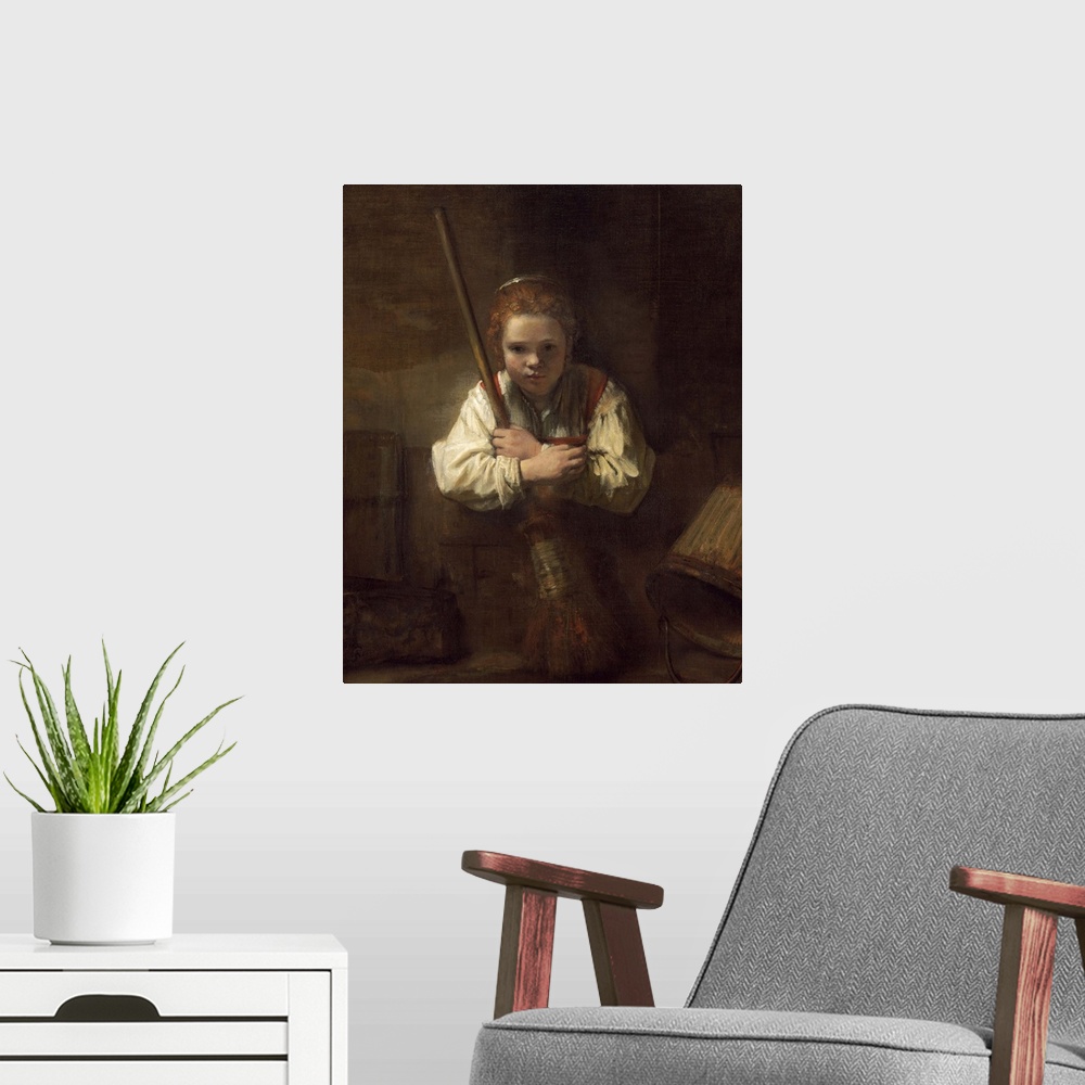 A modern room featuring A Girl with a Broom, by Rembrandt's workshop, 1651, Dutch painting, oil on canvas. A young girl, ...