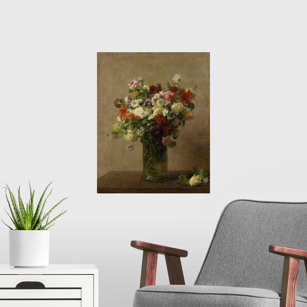 A modern room featuring Flowers from Normandy, by Henri Fantin-Latour, 1887, French impressionist painting, oil on canvas...