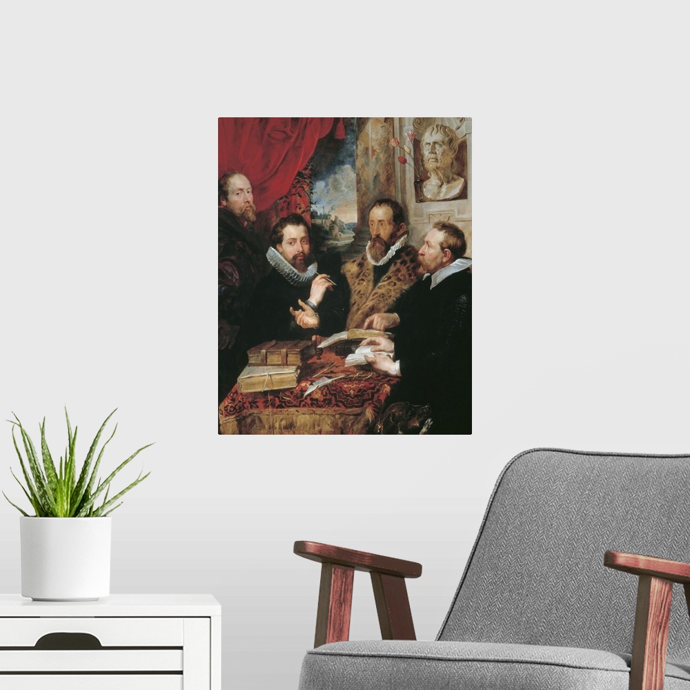 A modern room featuring The Four Philosophers, by Peter Paul Rubens, 1612 about, 17th Century, oil on panel, cm 164 x 139...