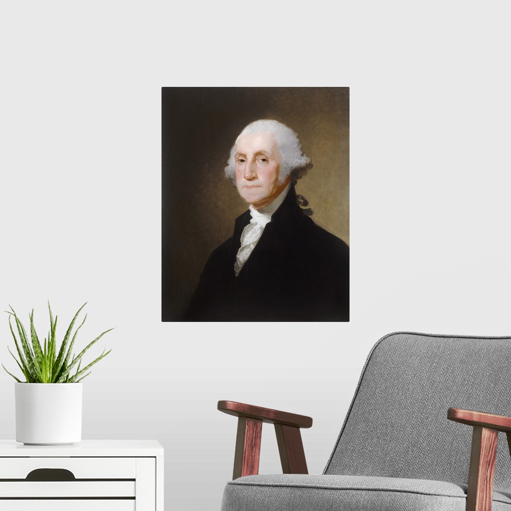 A modern room featuring George Washington, by Gilbert Stuart, 1821, American painting, oil on canvas. In 1796 Washington ...
