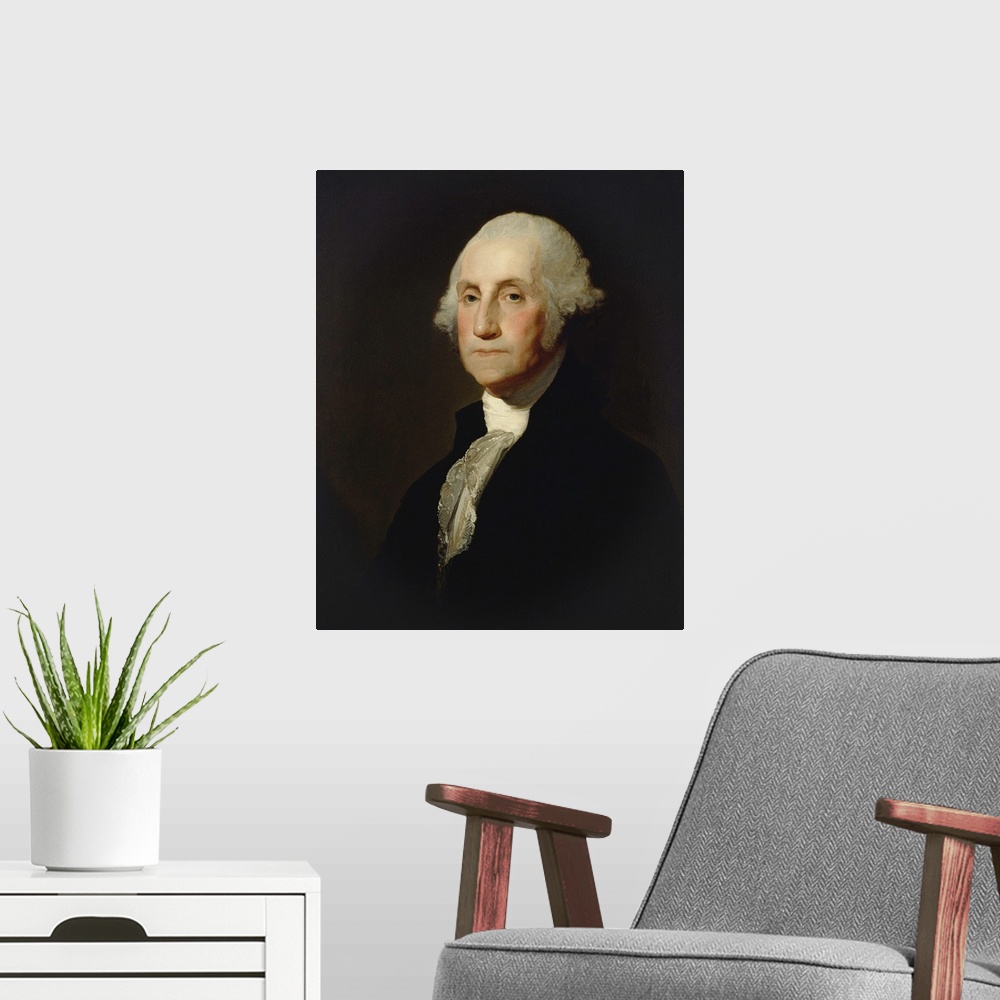 A modern room featuring George Washington, by Gilbert Stuart, c. 1803-05, American painting, oil on canvas. In 1796 Washi...