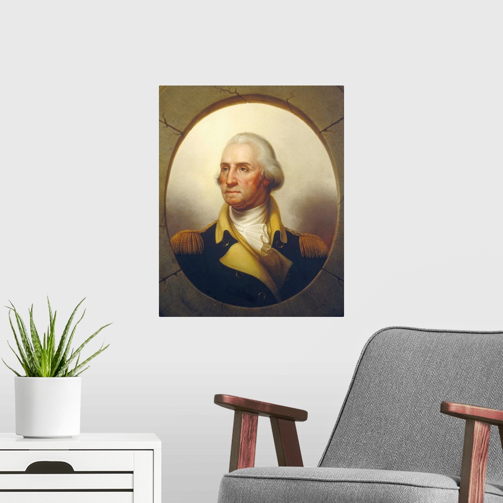 A modern room featuring George Washington, by Rembrandt Peale, c. 1850, American painting, oil on canvas. Over two decade...