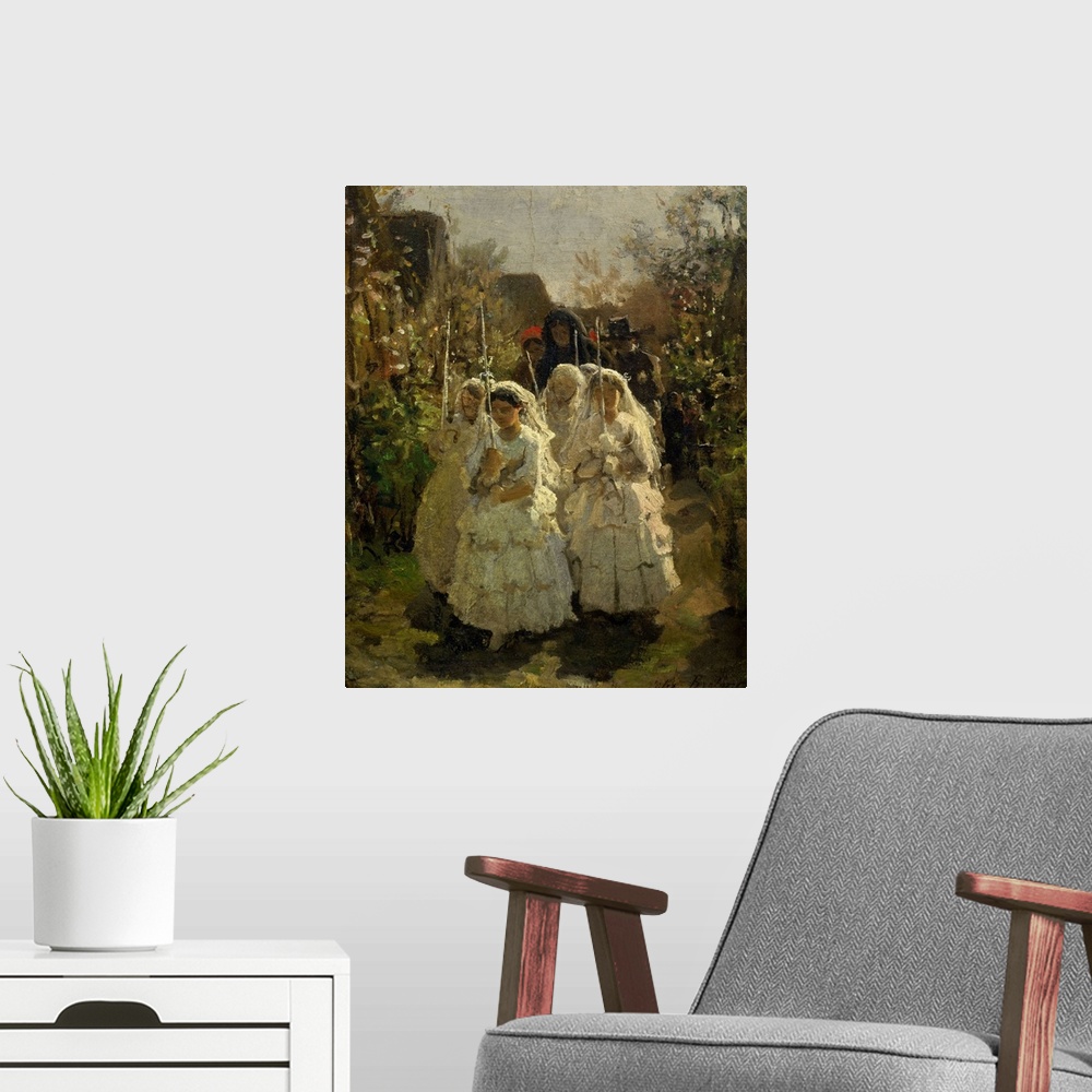 A modern room featuring Jules Breton, French School. Girls making their First Communion, in Courrieres. 1855. Oil on card...