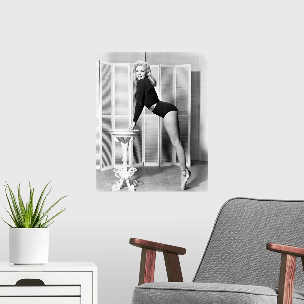 A modern room featuring Jayne Mansfield, ca. 1955.