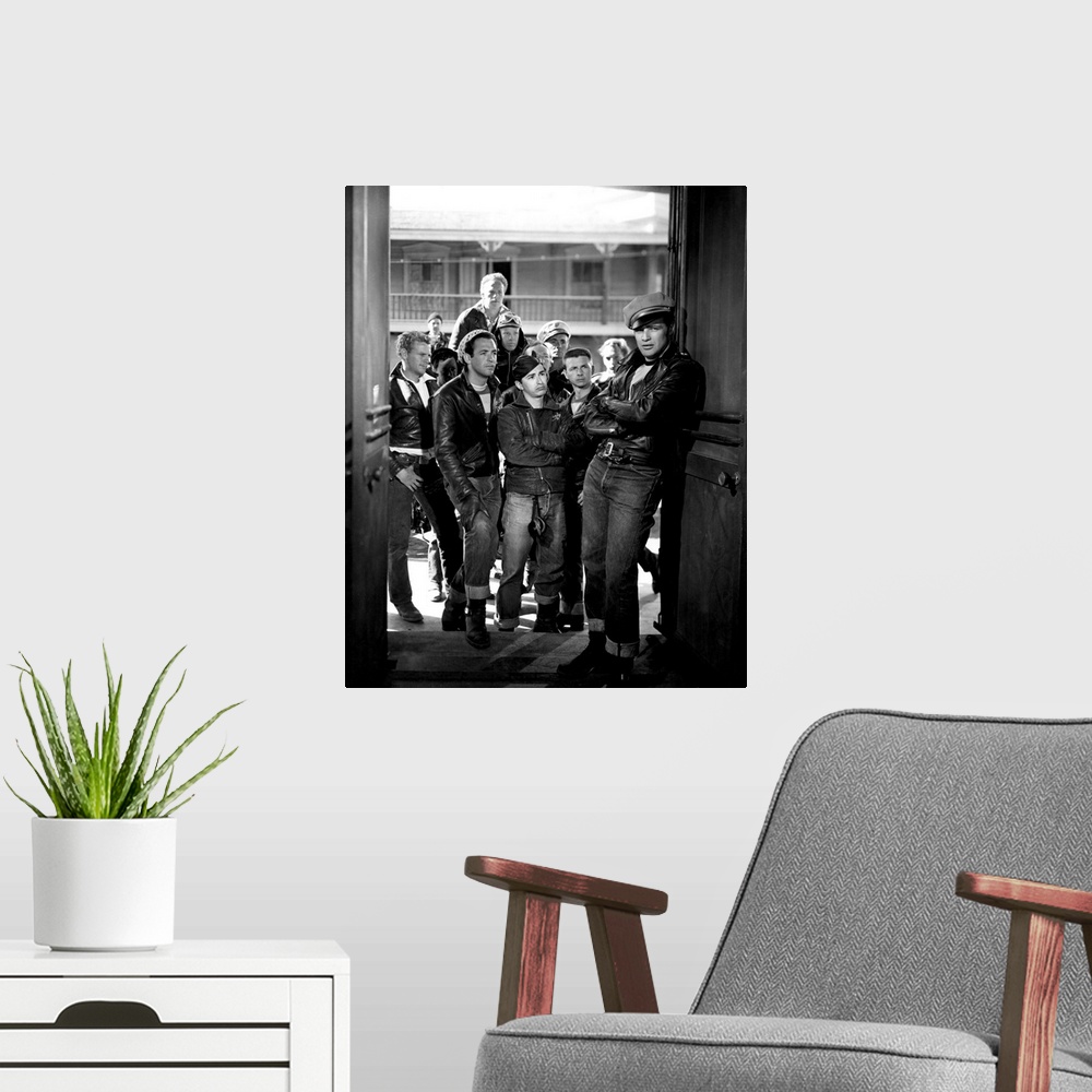 A modern room featuring Jerry Paris, Alvy Moore, Marlon Brando, The Wild One