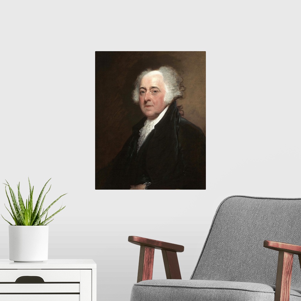 A modern room featuring John Adams, by Gilbert Stuart, c. 1800-15, American painting, oil on canvas. Adams sat for this p...