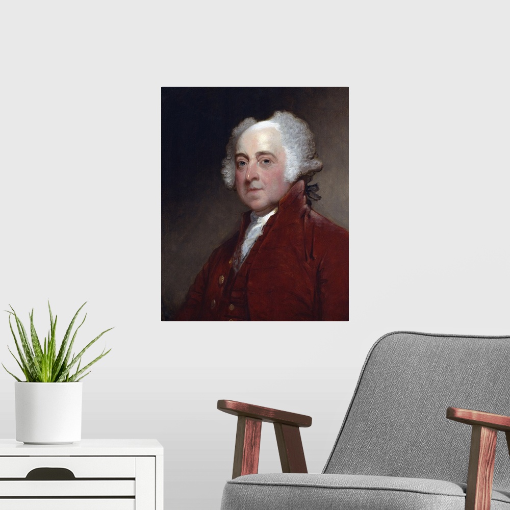 A modern room featuring John Adams, by Gilbert Stuart, c. 1800-15, American painting, oil on canvas. Painted when the sec...