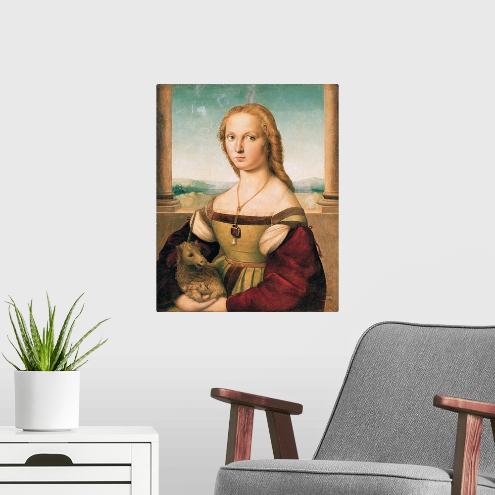 A modern room featuring Portrait of a Young Woman (Lady with a Unicorn), by Raffaello Sanzio, 1505 - 1506, 16th Century, ...