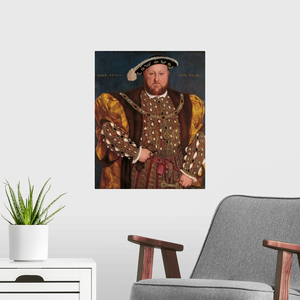 A modern room featuring Portrait of Henry VIII, by Hans il Giovane Holbein, 1539 - 1540 about, 16th Century, oil on panel...