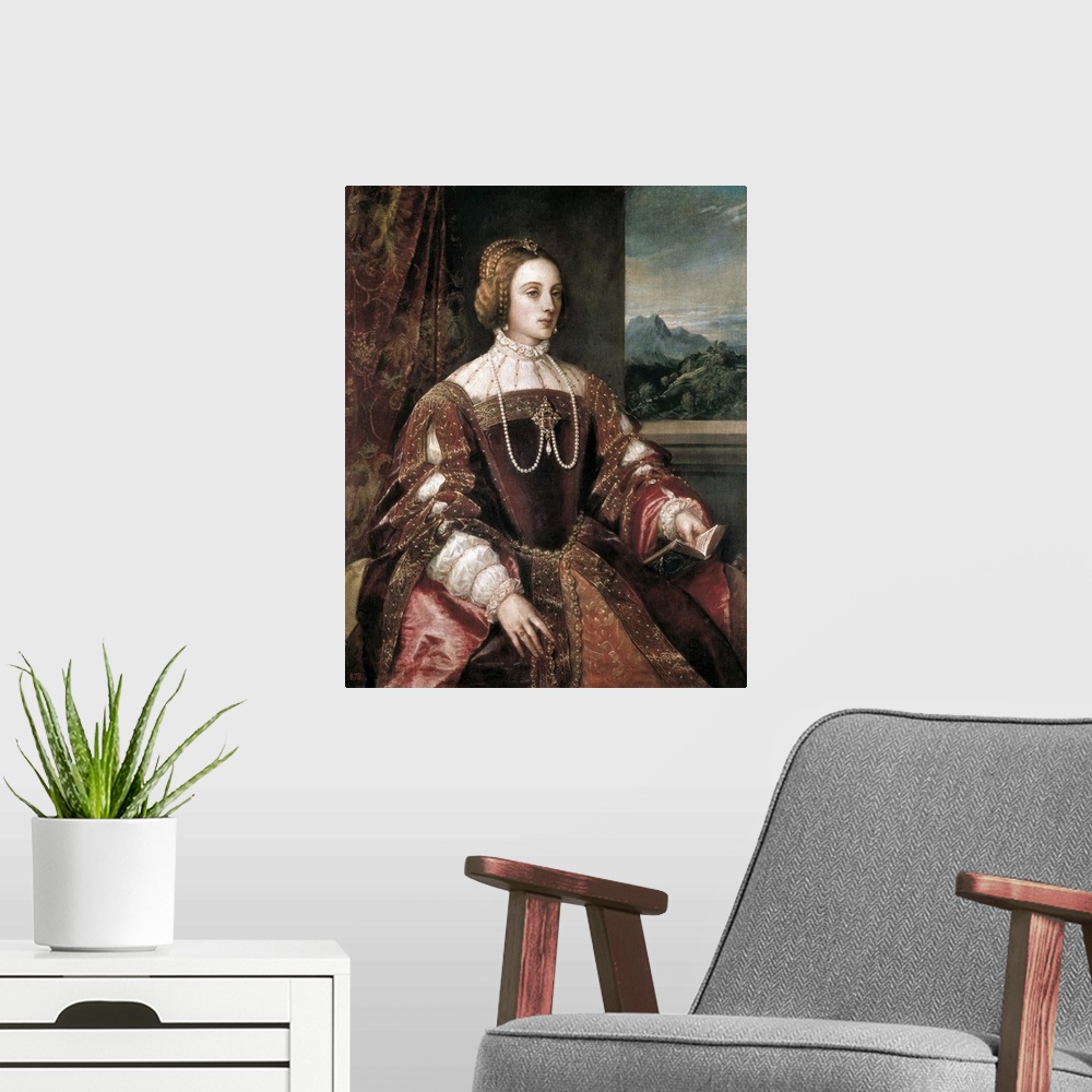 A modern room featuring Portrait of the Empress Isabella of Portugal by Tiziano Vecello
