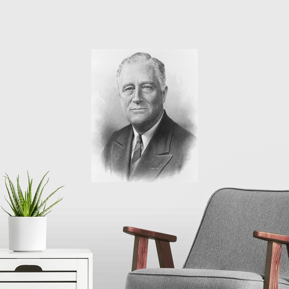 A modern room featuring President Franklin Roosevelt in a engraved portrait by the Bureau of Printing and Engraving. c. 1...