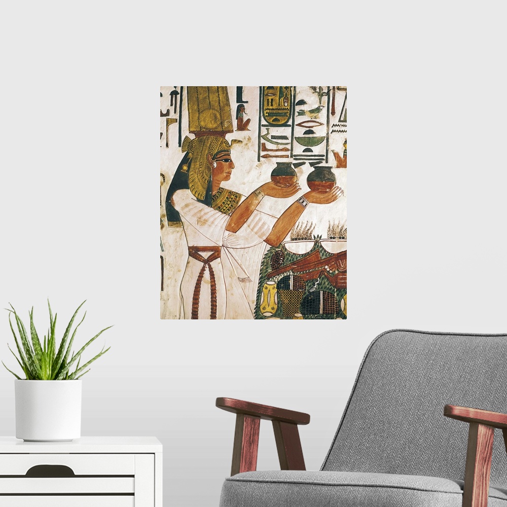 A modern room featuring Queen Nefertari offering, Egyptian art