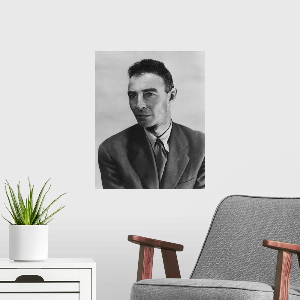 A modern room featuring Robert Oppenheimer, atomic physicist and head of the Manhattan project's secret weapons laborator...