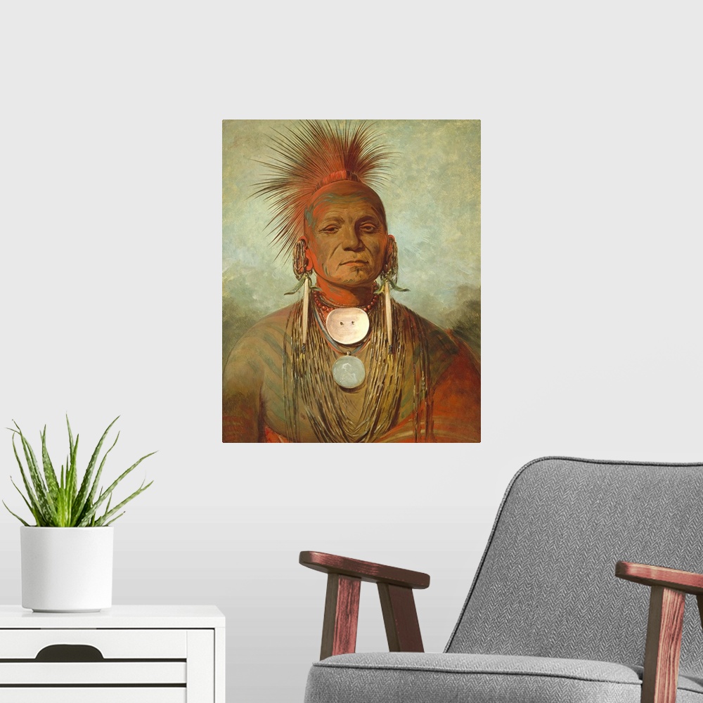 A modern room featuring See-non-ty-a, an Iowya Medicine Man, by George Catlin, 1844-45, American painting, oil on canvas....