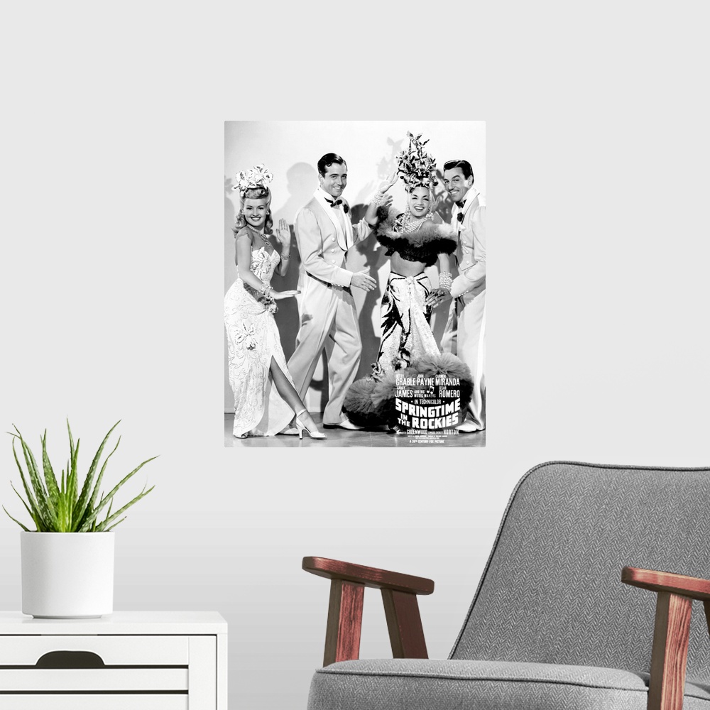 A modern room featuring Springtime In The Rockies, From Left, Betty Grable, John Payne, Carmen Miranda, Cesar Romero, 1942.