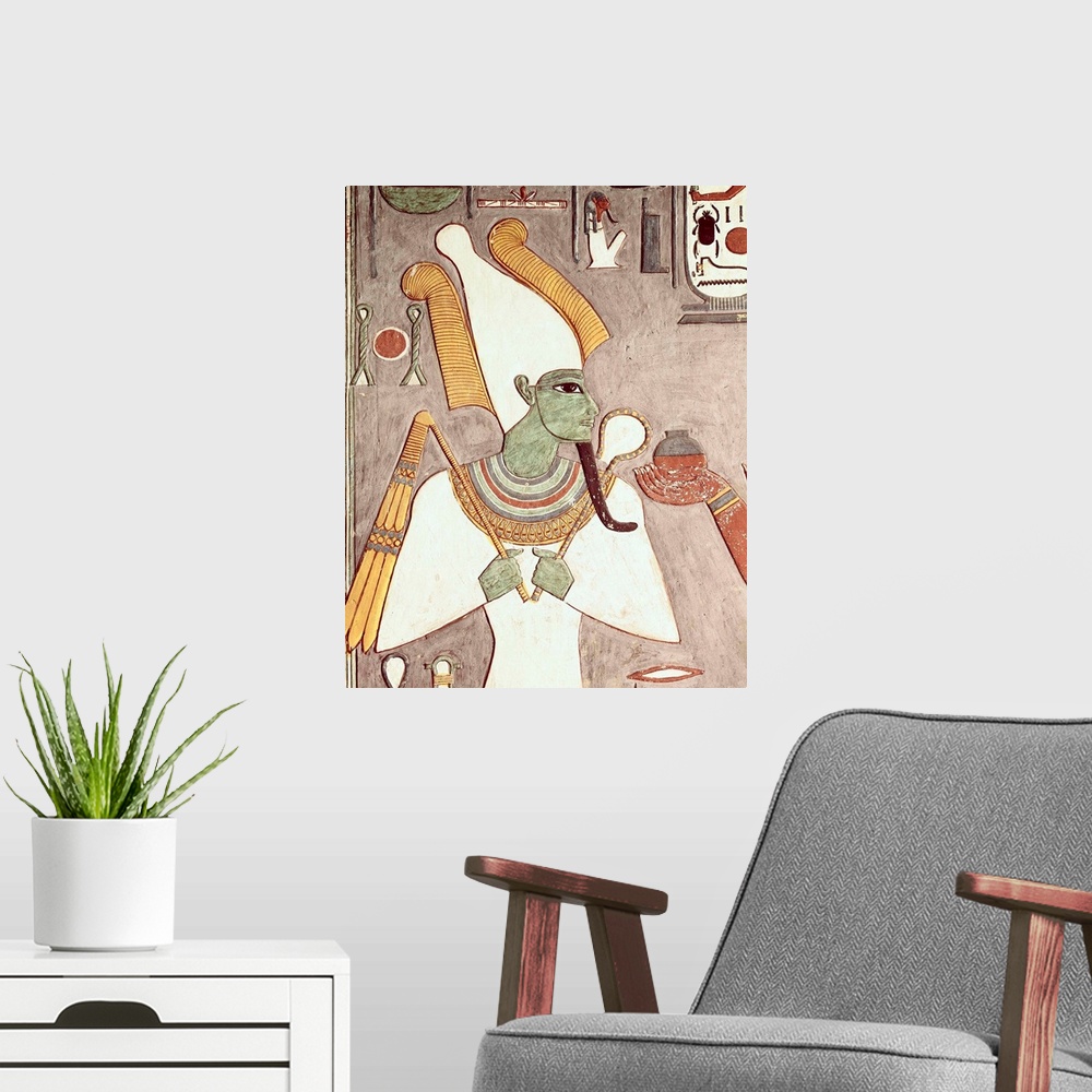 A modern room featuring The god Osiris, Egyptian art