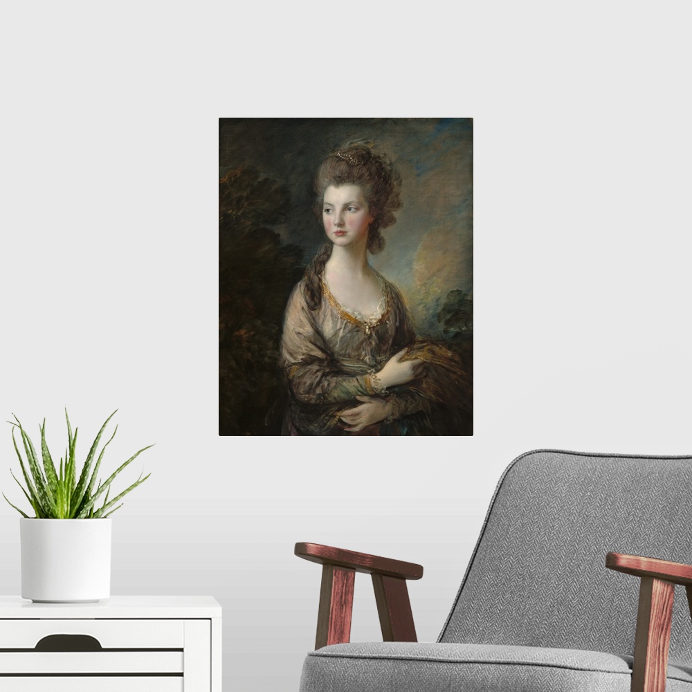 A modern room featuring The Honorable Mrs. Thomas Graham, by Thomas Gainsborough, 1775-77, British painting, oil on canva...