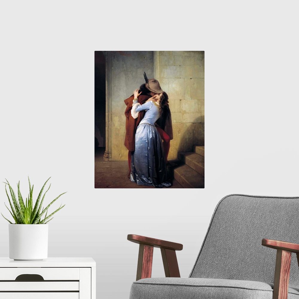 A modern room featuring 19th century classic painting of a man kissing a woman in a stone hallway.