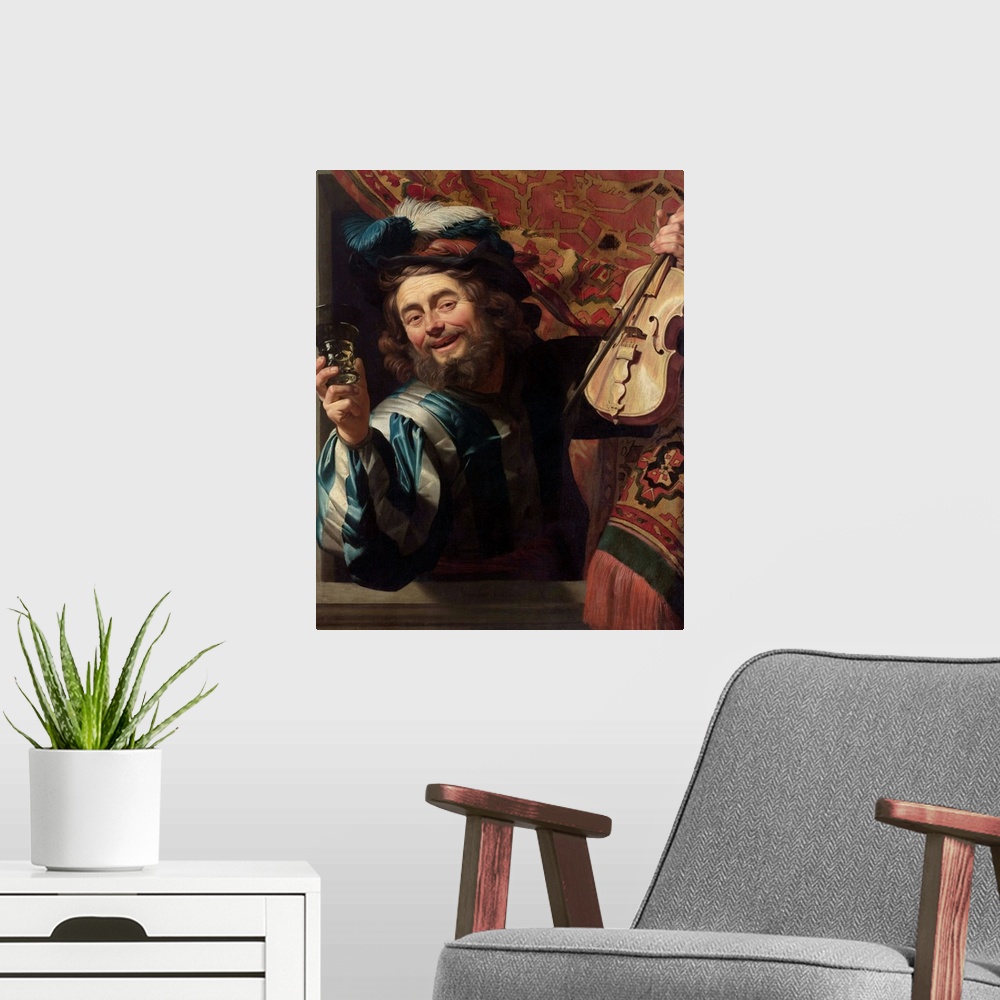 A modern room featuring The Merry Fiddler, by Gerard van Honthorst, 1623, Dutch painting, oil on canvas. Wearing extravag...