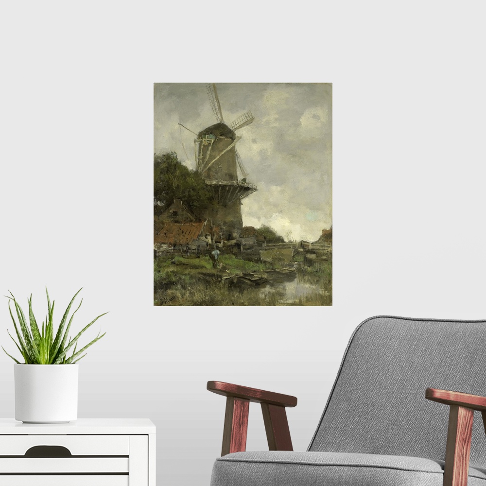 A modern room featuring The Windmill, by Jacob Maris, c. 1880-86, Dutch painting, oil on canvas. Windmill behind some hou...