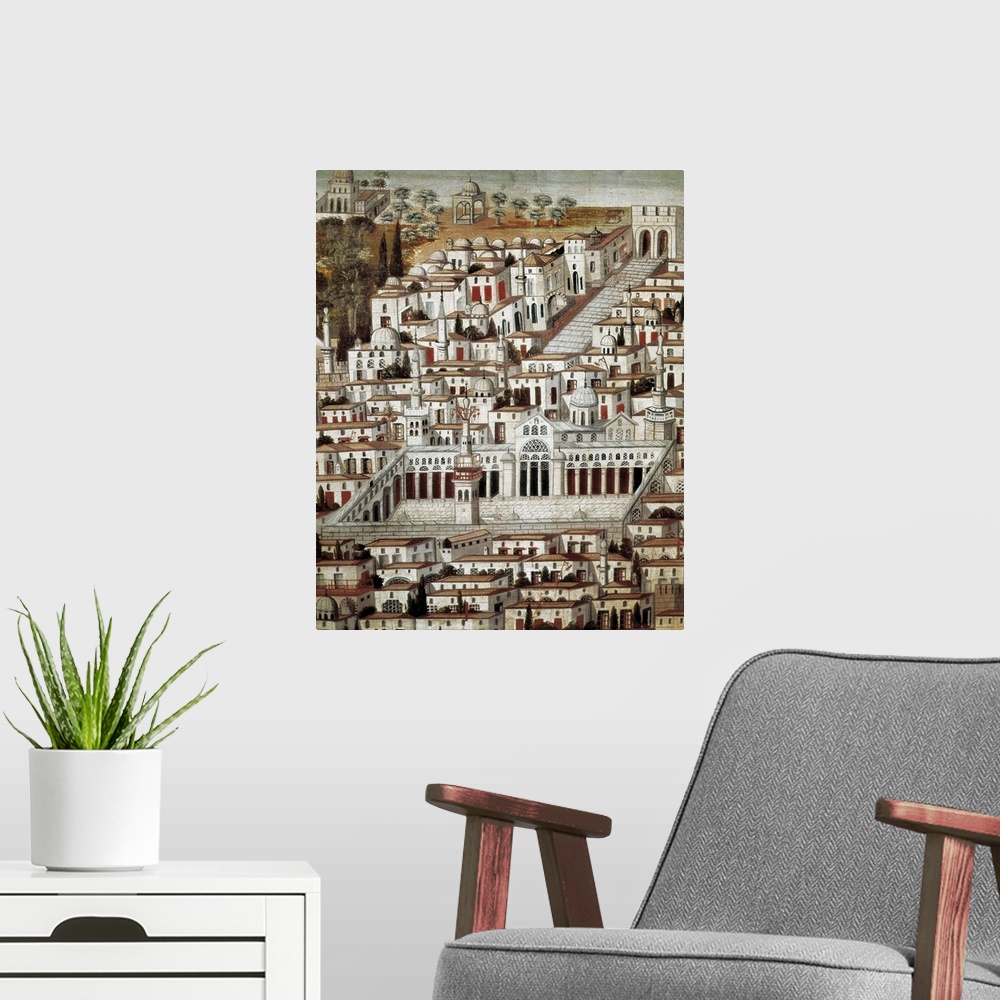 A modern room featuring View of the City of Damascus, Syrian art