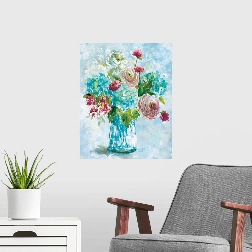 A modern room featuring Watercolor painting of a bouquet of flowers in a clear vase.