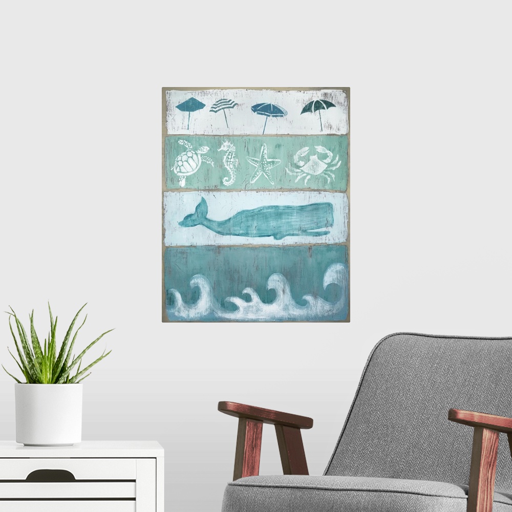 A modern room featuring A distressed beach themed sign with various marine animals.