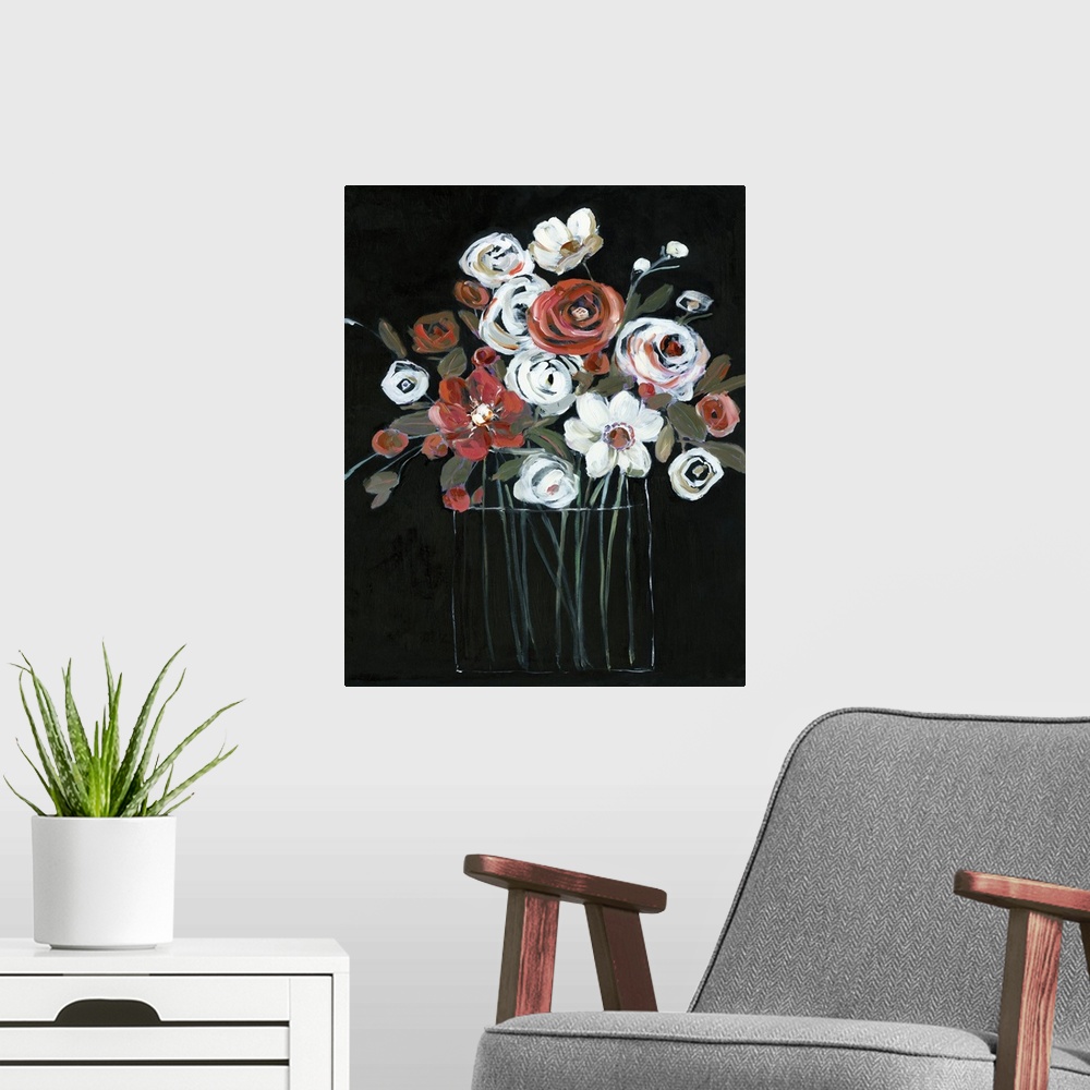 A modern room featuring Large vertical painting with white and red flowers in a glass vase on a solid black background cr...
