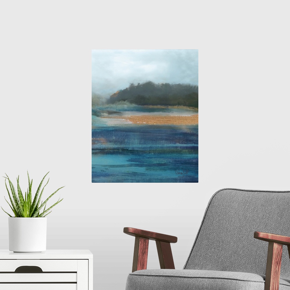 A modern room featuring This vertical abstract is of a pensive waterfront scene with lightly mottled areas of metallic co...