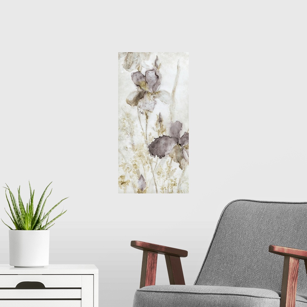 A modern room featuring Droplets and splattered paint in subdued colors create this contemporary artwork of iris flowers.