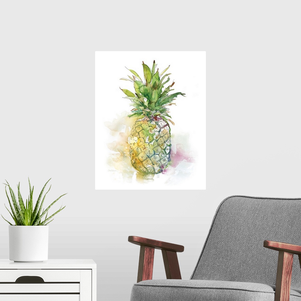 A modern room featuring Cool toned watercolor painting of a pineapple.