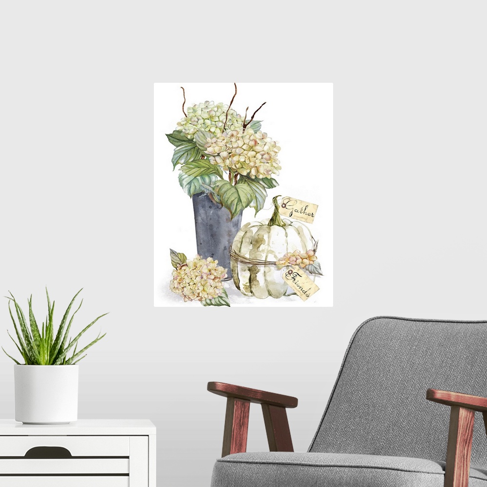 A modern room featuring Vertical watercolor painting of watercolor hydrangeas and a harvest pumpkin with tags attached to...