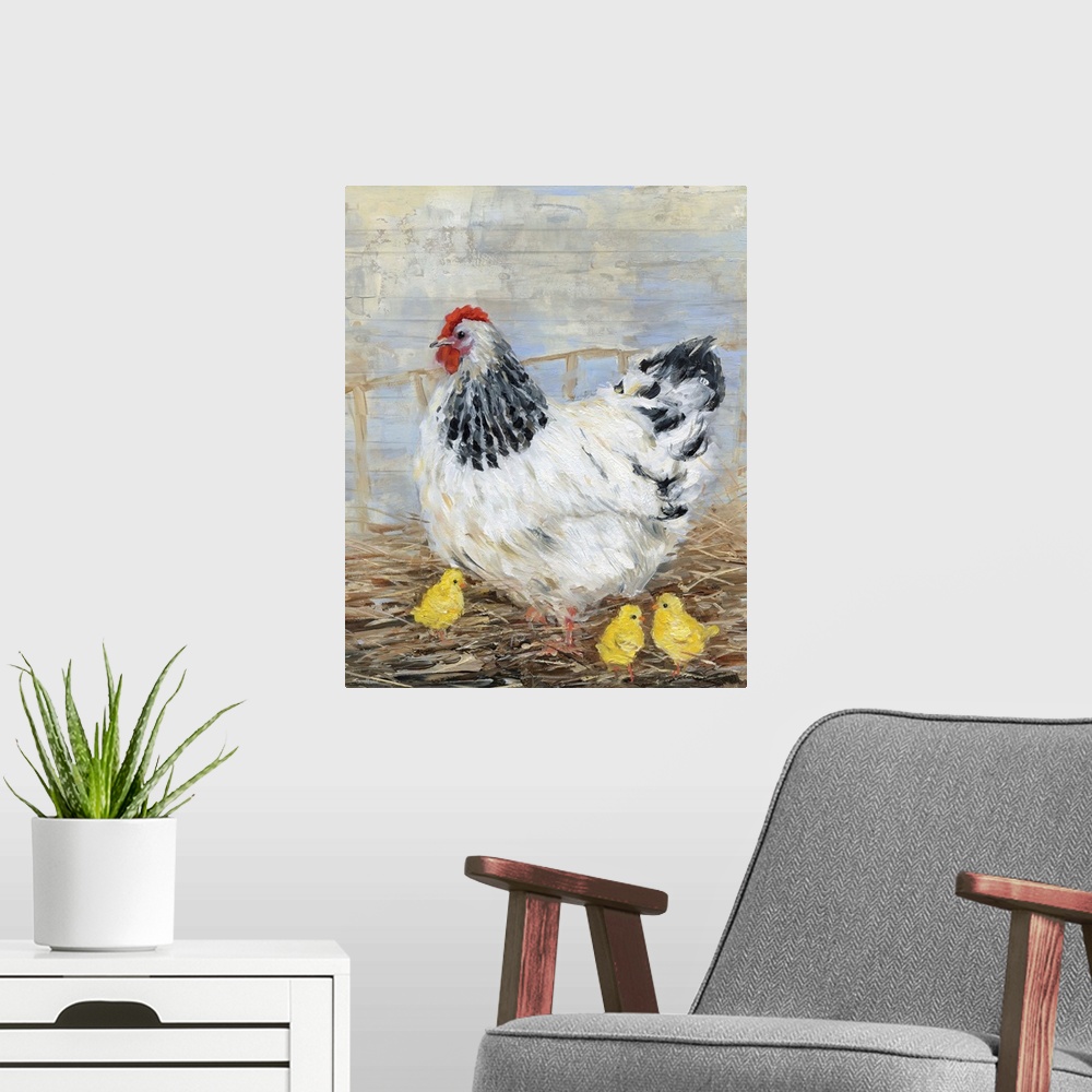 A modern room featuring A contemporary painting of a farmhouse chicken with three yellow chicks.