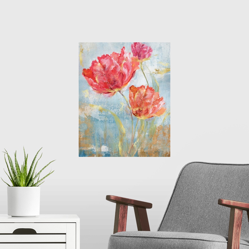 A modern room featuring Large contemporary abstract painting of pink flowers on a blue background with gold highlights an...