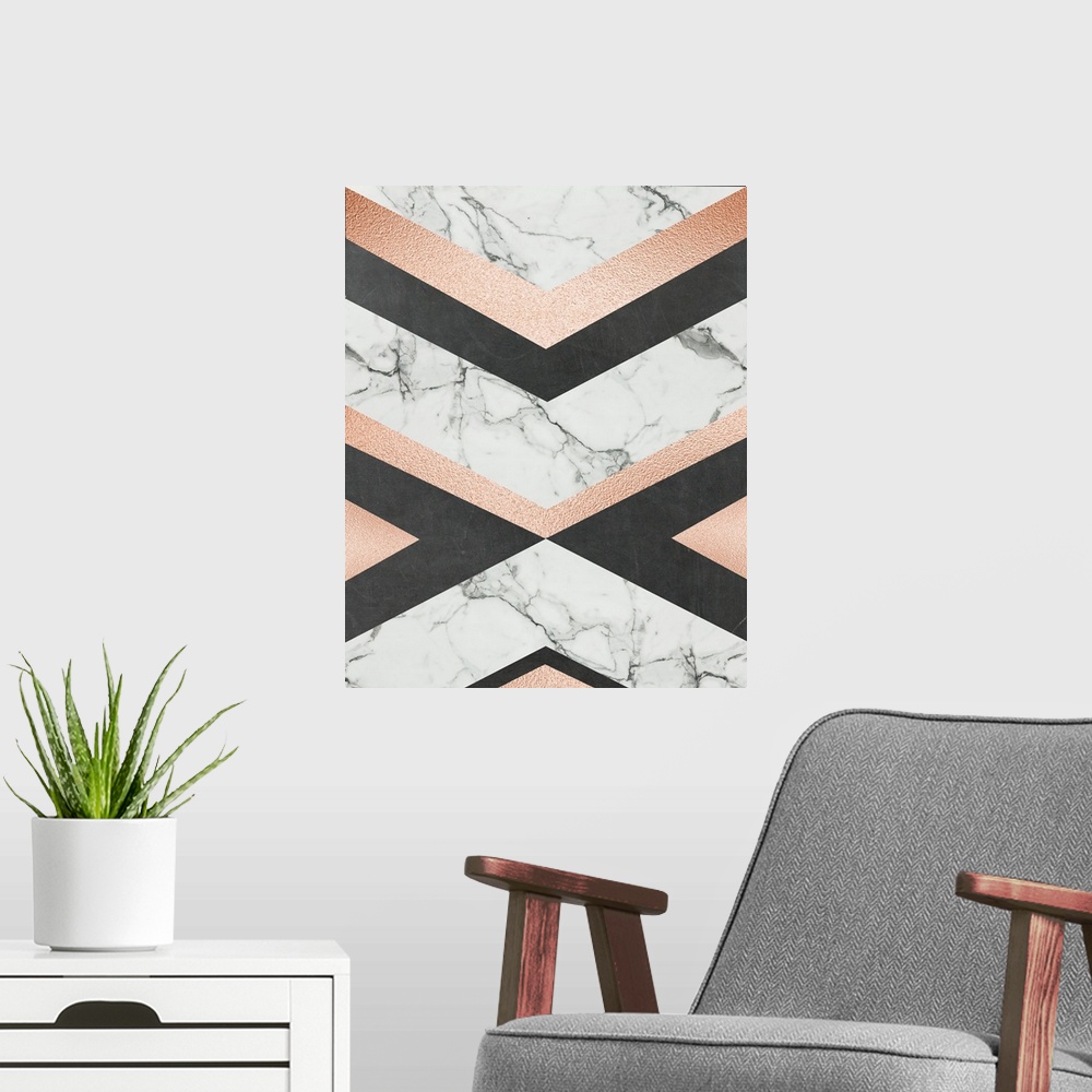 A modern room featuring Abstract decor with marbled angles mixed in with metallic rose gold, and black angles, creating t...
