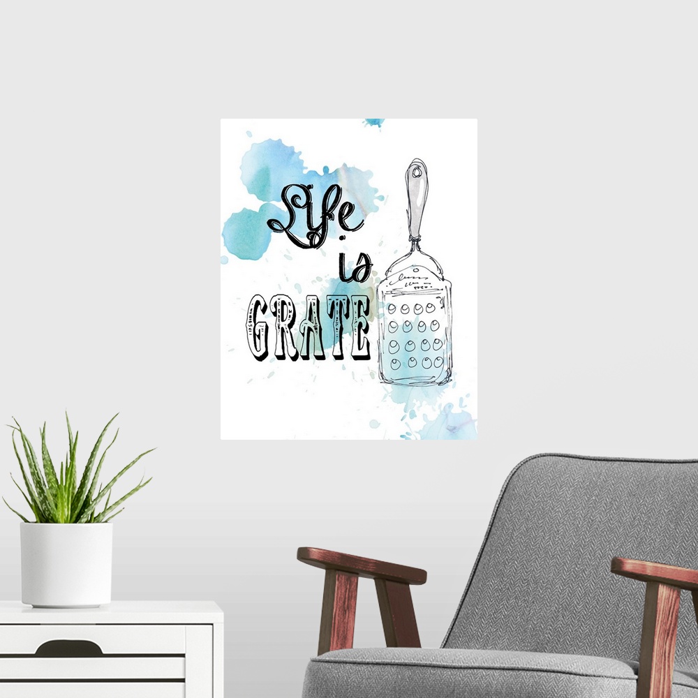 A modern room featuring Droplets of blue watercolor on white are the backdrop for the drawing of a cheese grater and the ...