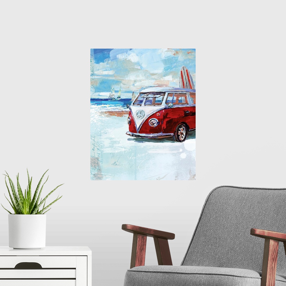 A modern room featuring A painting of a Volkswagen van with expressive brushstrokes and subtle layers of map text and han...