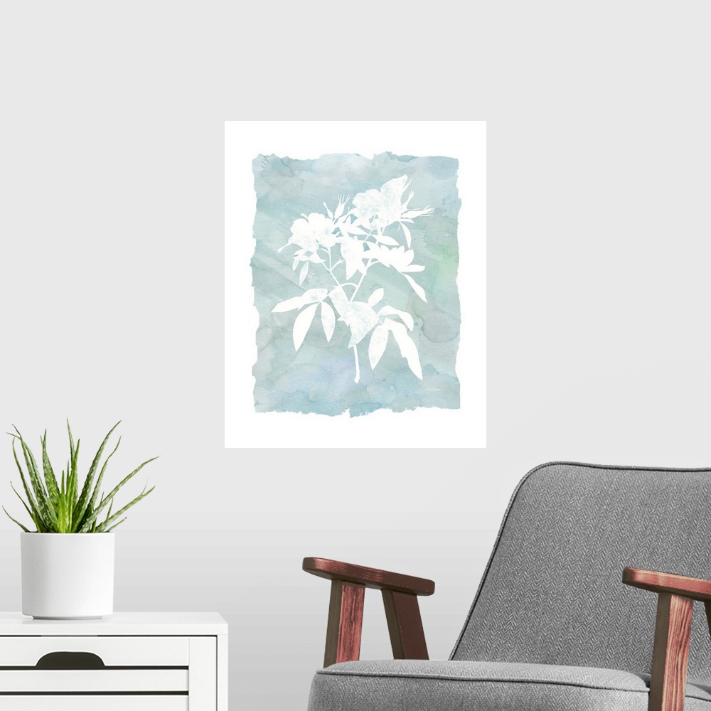 A modern room featuring A watercolor painting with white silhouettes of flowers and a blue-green background.