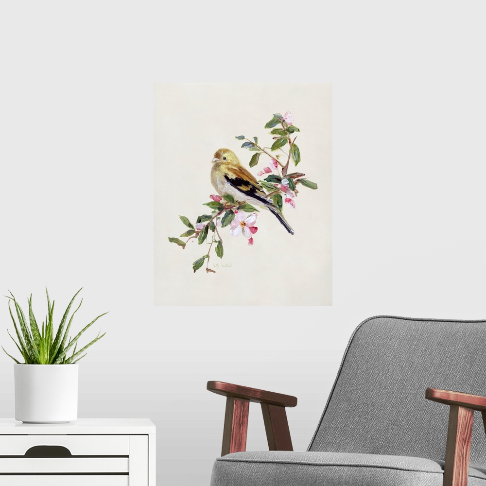 A modern room featuring Spring Song Pine Grosbeak