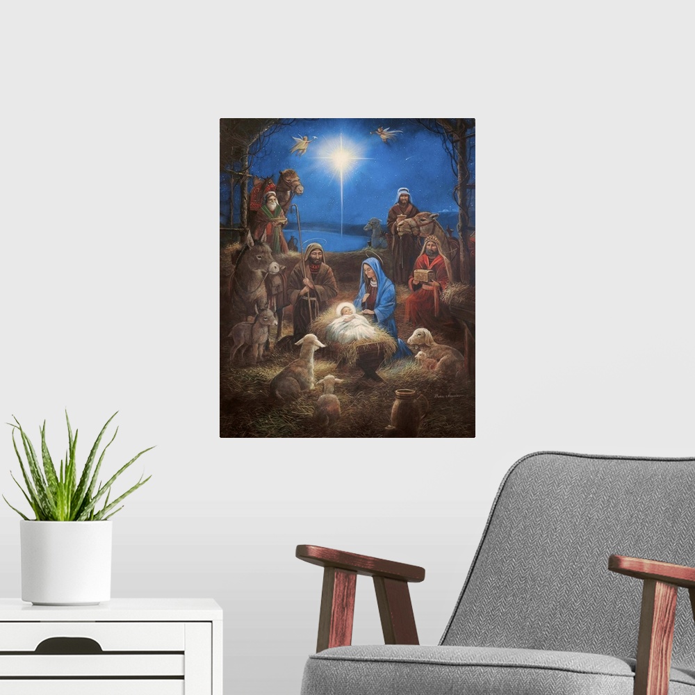 A modern room featuring The Nativity